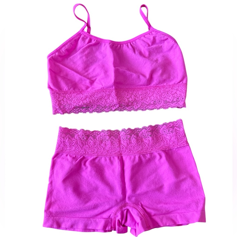 Girls 2PC Set Hot Pink Lace Trim Sleepwear Boy-shorts Training Adjustable Bra